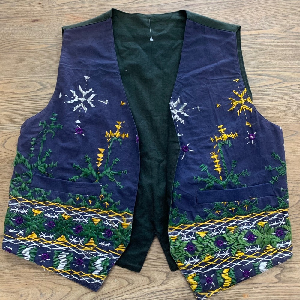 Hand Craft Reversible Embroidered Cotton Vest Navy Black Mirror Work India 21x22